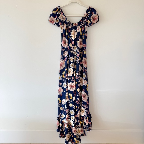 NWT Aqua Floral Off-Shoulder Ruffle Maxi Dress Navy Pink | Womens XS - Picture 6 of 11